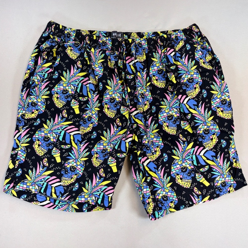 Massive Pineapple Skull Shorts Mens XL 8" Black Neon Print Cotton Summer Beach
